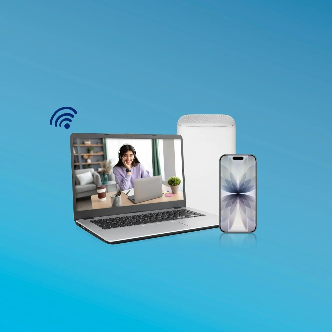 A girl smiles while wearing white headphones sitting at the kitchen table inside of a laptop screen next to a white wifi modem behind a white iPhone 16e device.