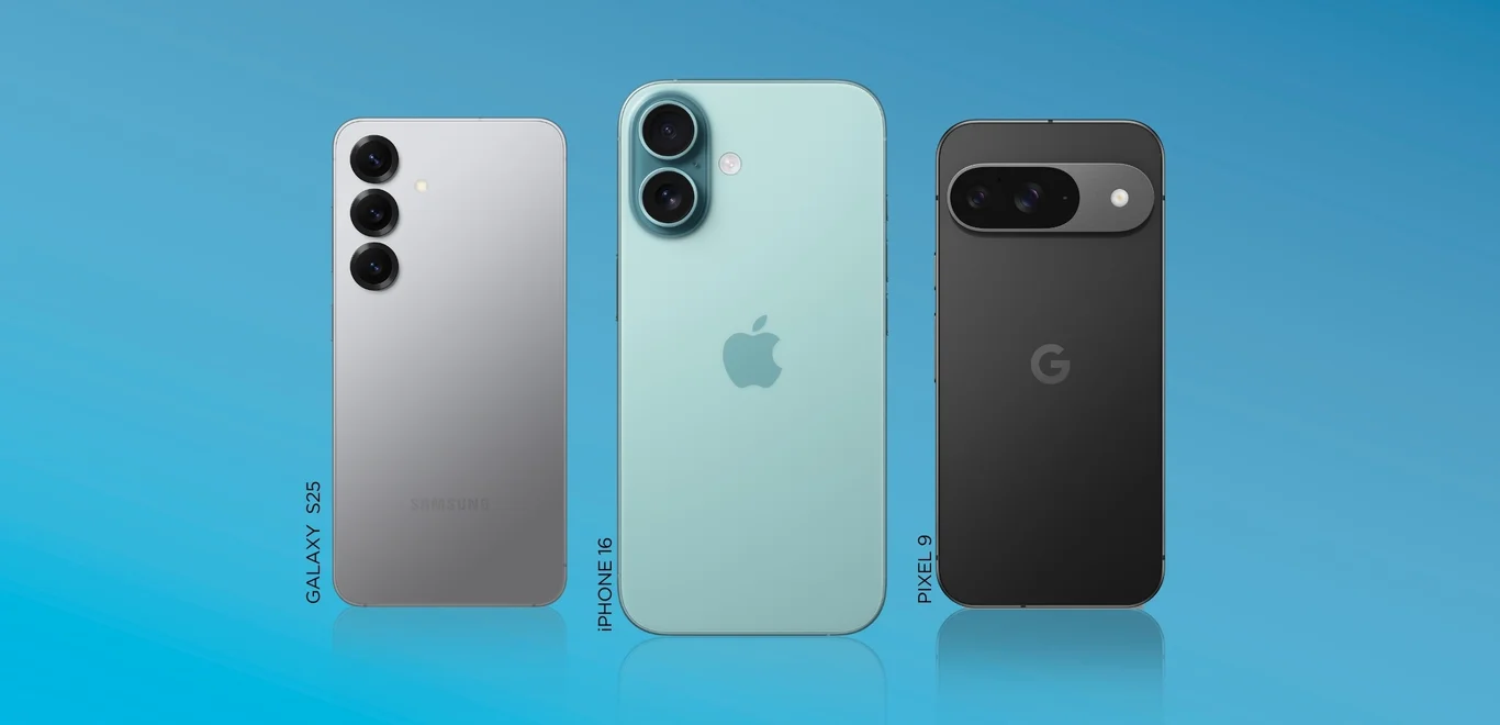 The back of a silver Samsung Galaxy S25, iPhone 16 and Pixel 9 from left to right on a light blue gradient background.